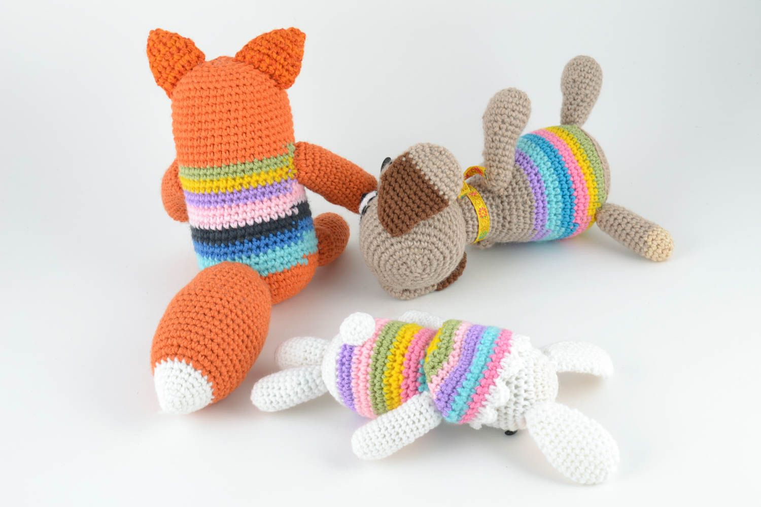Мягкие вязаные игрушки набор из 3 штук ручной работы авторский лиса пес и заяц фото 3