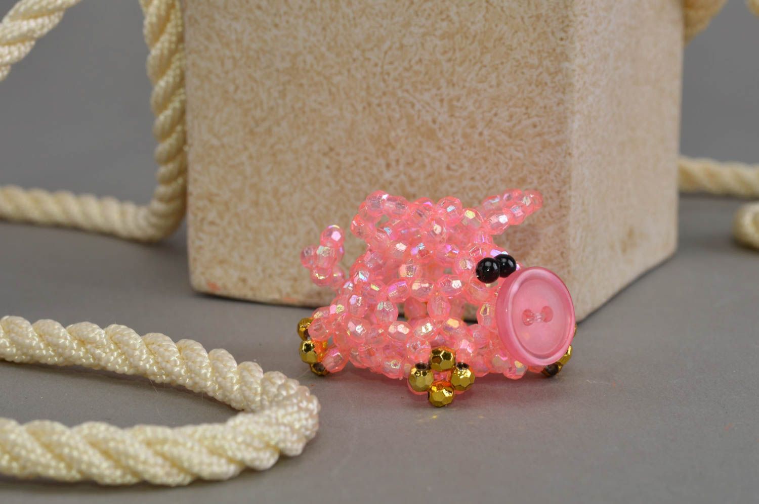 Small unusual handmade woven bead statuette of pink pig designer home decor photo 1