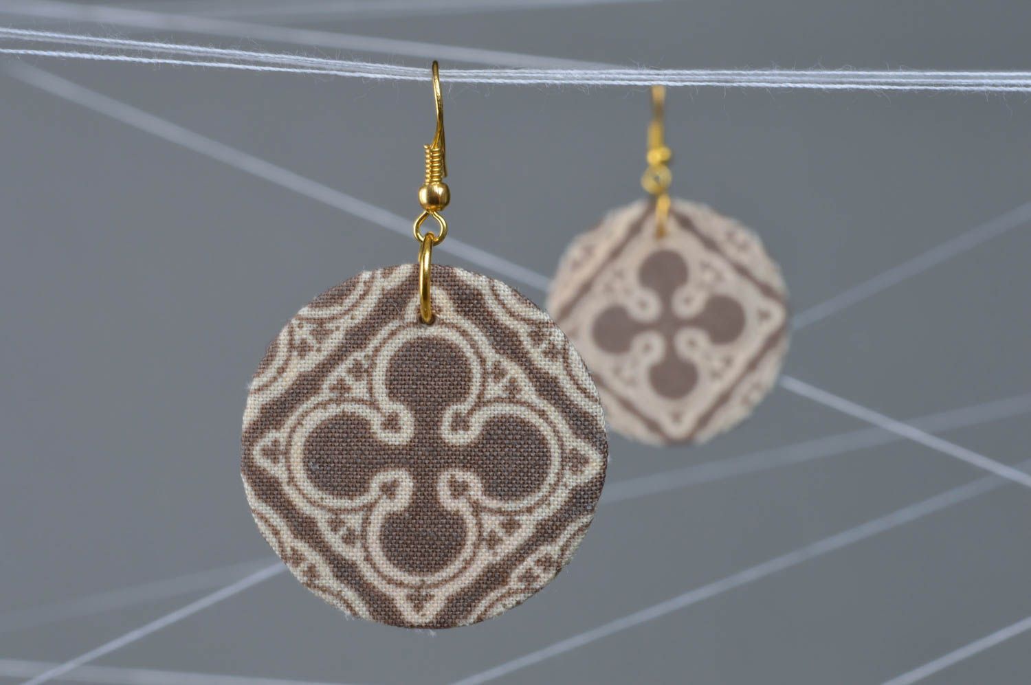 Handmade fabric dangling earrings with vintage ornament of coffee and milk colors photo 1