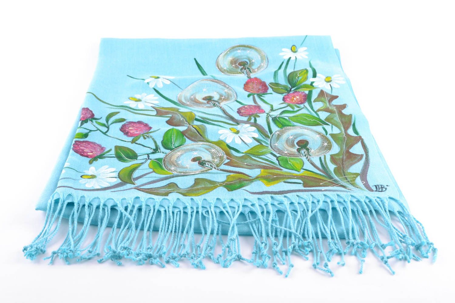 Широкий шарф из кашемира с росписью небесного оттенка фото 2