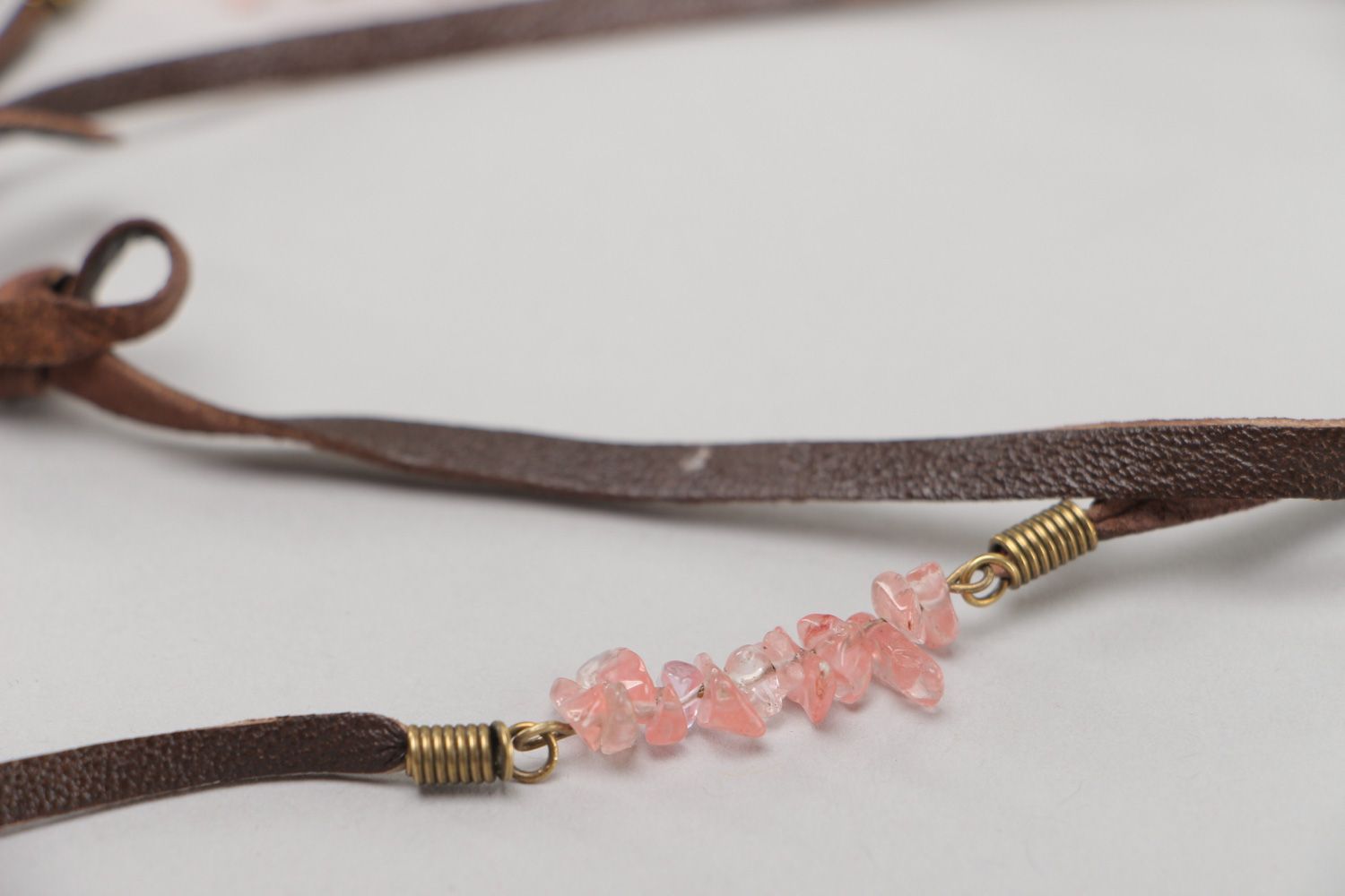 Elegant handmade wire wrap pendant necklace with pink quartz on leather cord photo 4