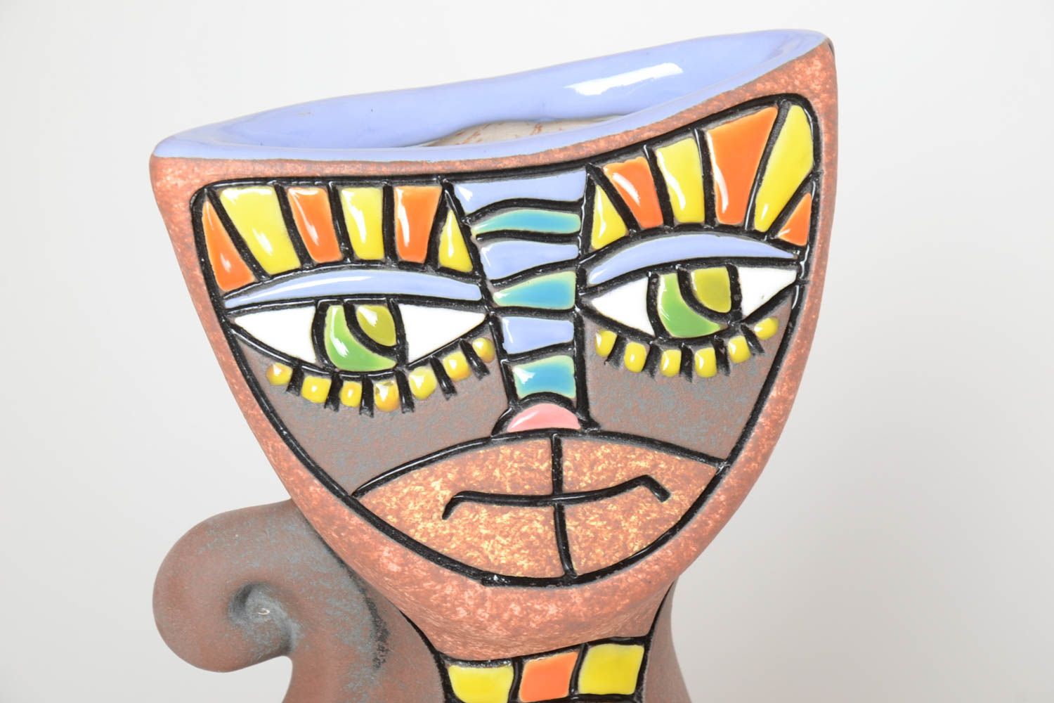 Vase argile Déco maison fait main Cadeau original en forme de chat multicolore photo 3