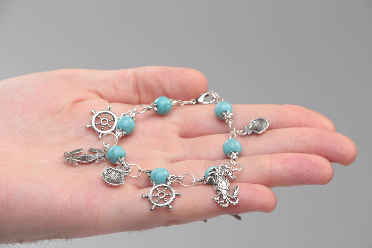 Handmade turquoise bracelet unusual accessory with metal charms cute jewelry photo 5