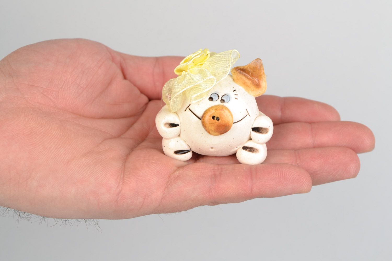Handmade miniature ceramic figurine of funny fat pig painted with glaze photo 2