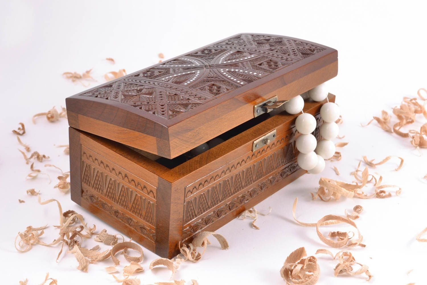 Handmade carved jewelry box inlaid with beads photo 1