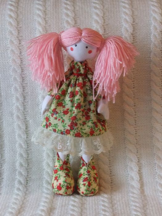 Homemade beautiful fabric designer doll with pink hair for interior decor photo 4