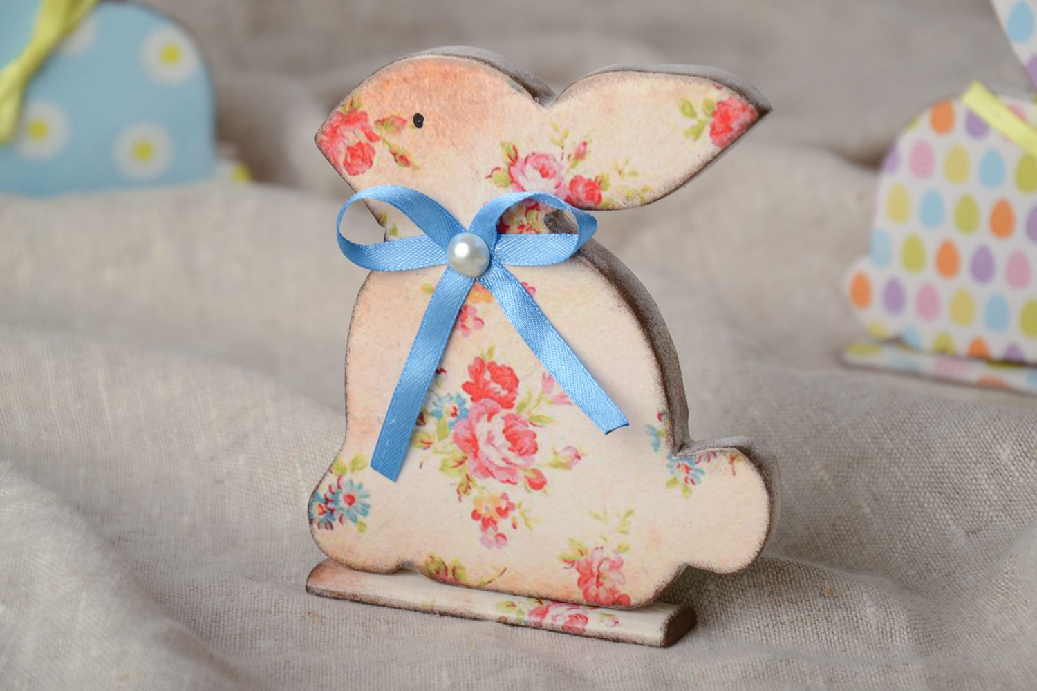 Easter decoupage wooden figurine of rabbit with floral print photo 1
