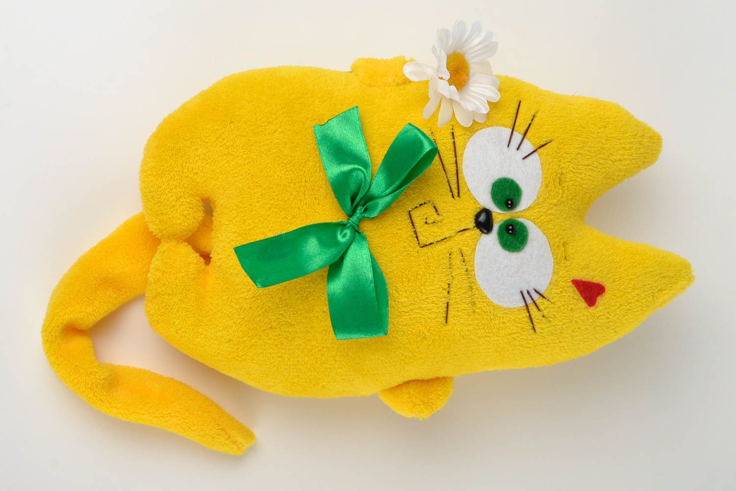 Peluche Chat en tissu de mohair faite main jaune avec noeud Cadeau pour enfant photo 1