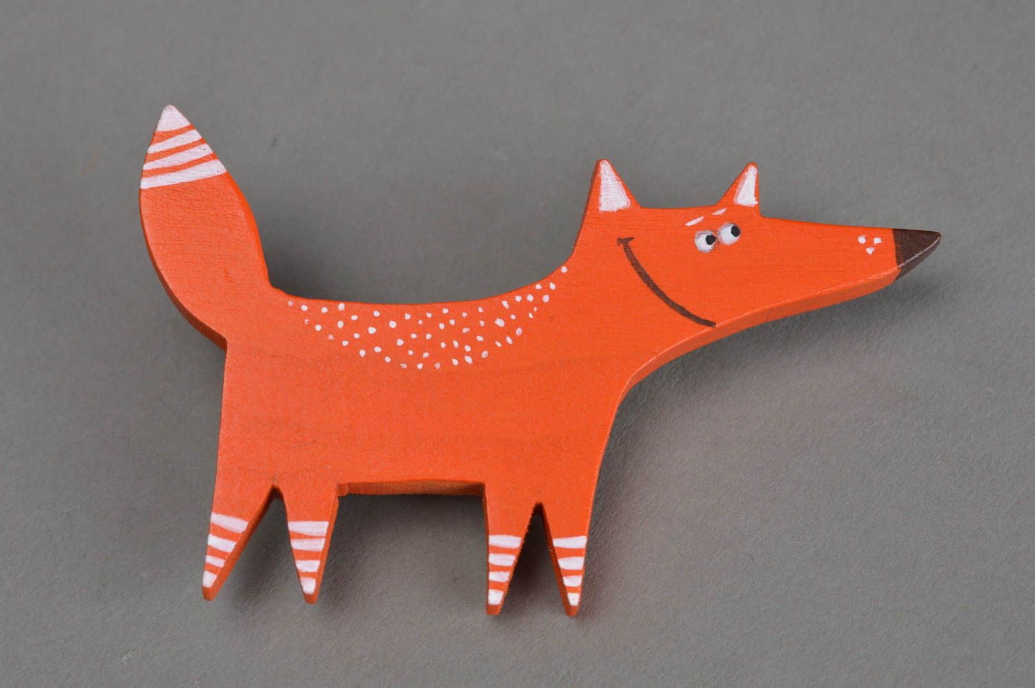 Bright funny stylish handmade designer wooden brooch in the shape of orange fox photo 1