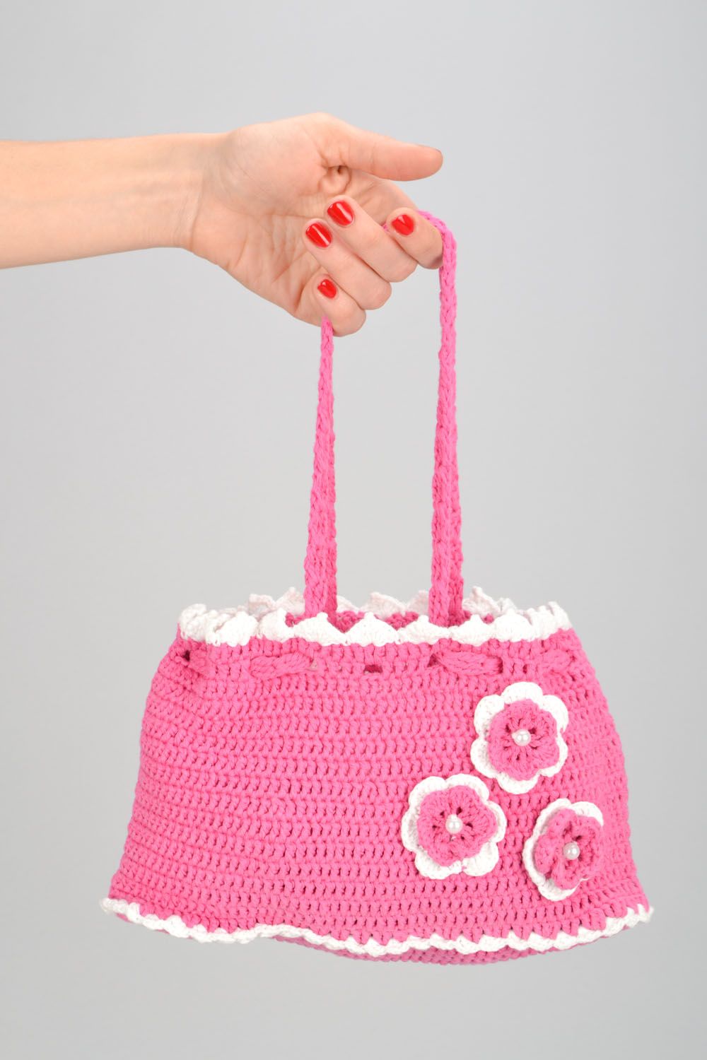 Borsa bella a maglia fatta a mano accessorio rosa e originale da bambine foto 2