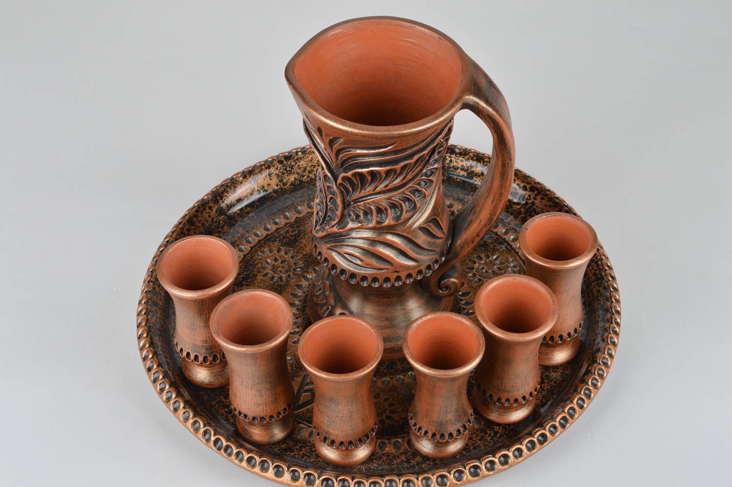 Conjunto de cerámica artesanal jarro de arcilla de 1 l y 6 copas originales   foto 2