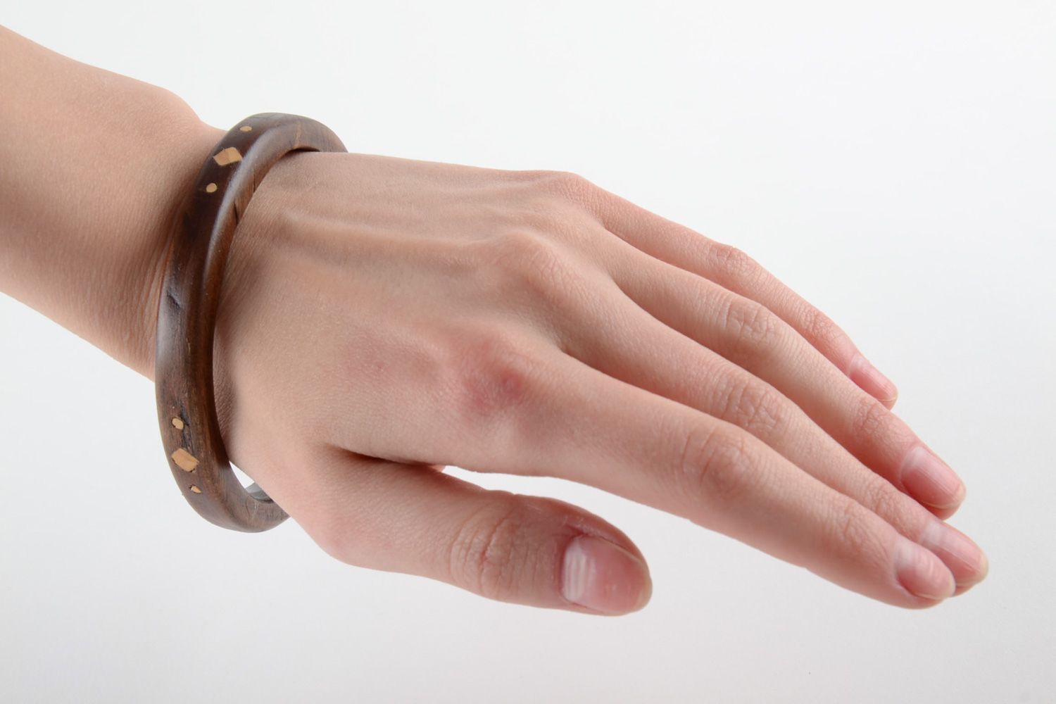 Thin dark handmade varnished wooden wrist bracelet with inlay for women photo 6