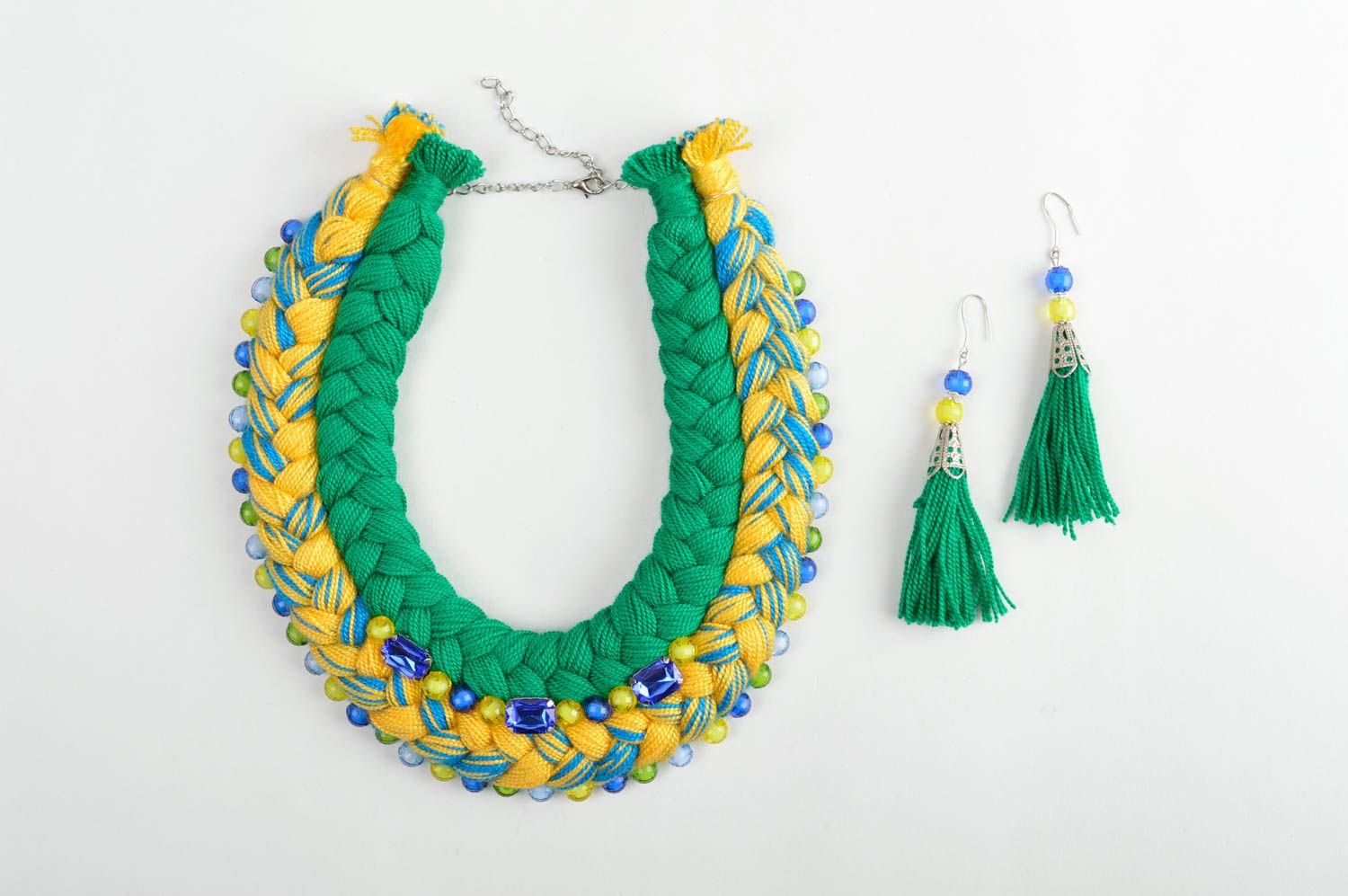 Handmade Mode Accessoires Schmuck Set Halskette Damen lange Ohrringe grün gelb foto 2