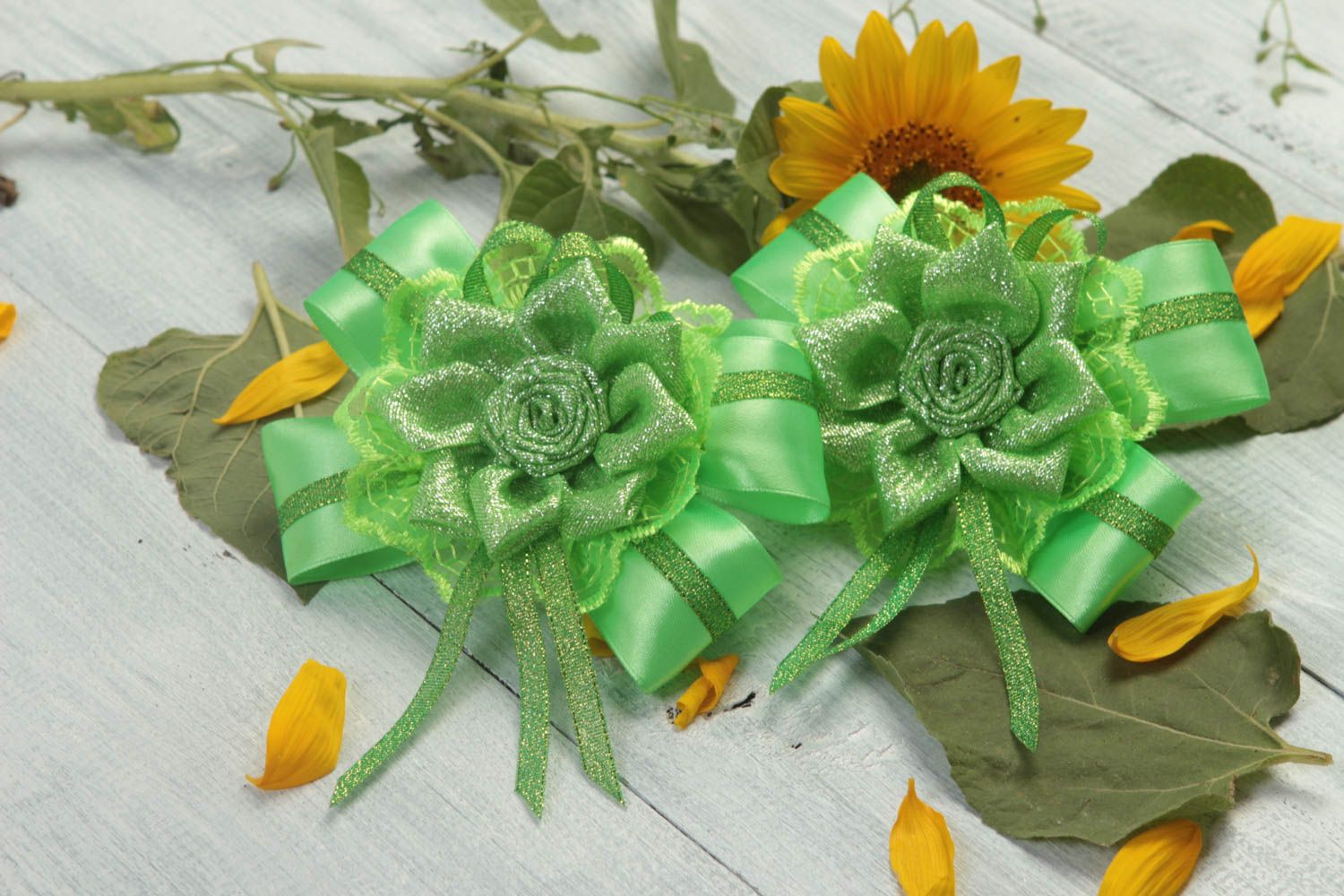 Blumen Haargummis Set Schmuck handgemacht Mädchen Haarschmuck 2 Stück grün foto 1