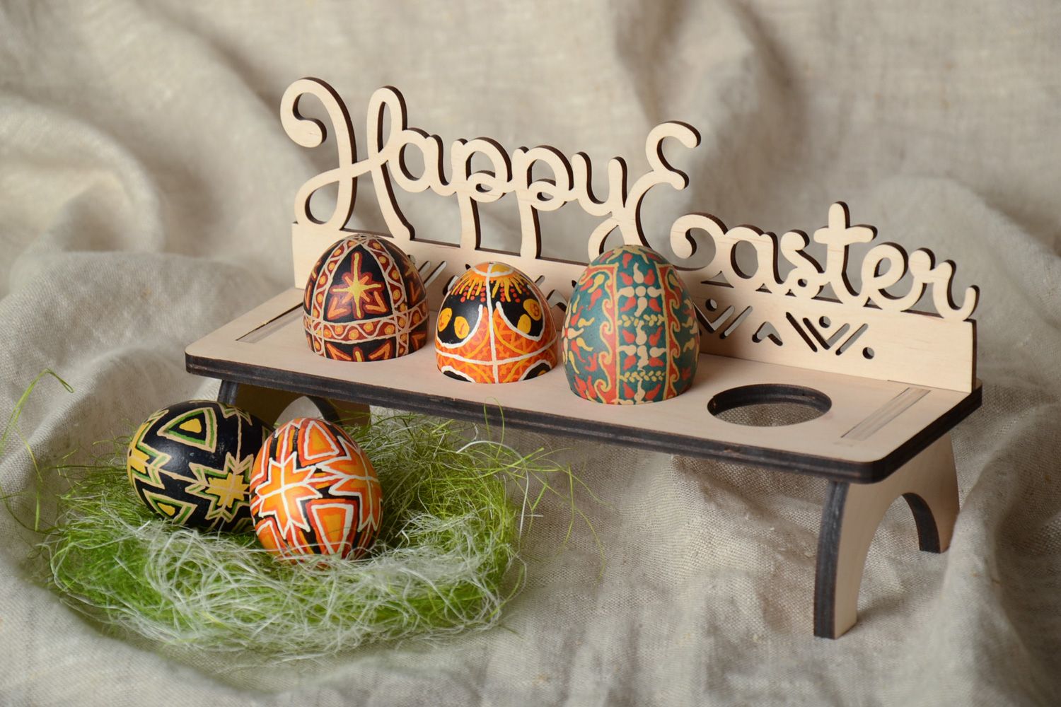 Handmade plywood blank holder for 4 Easter eggs and linen sack bag photo 1