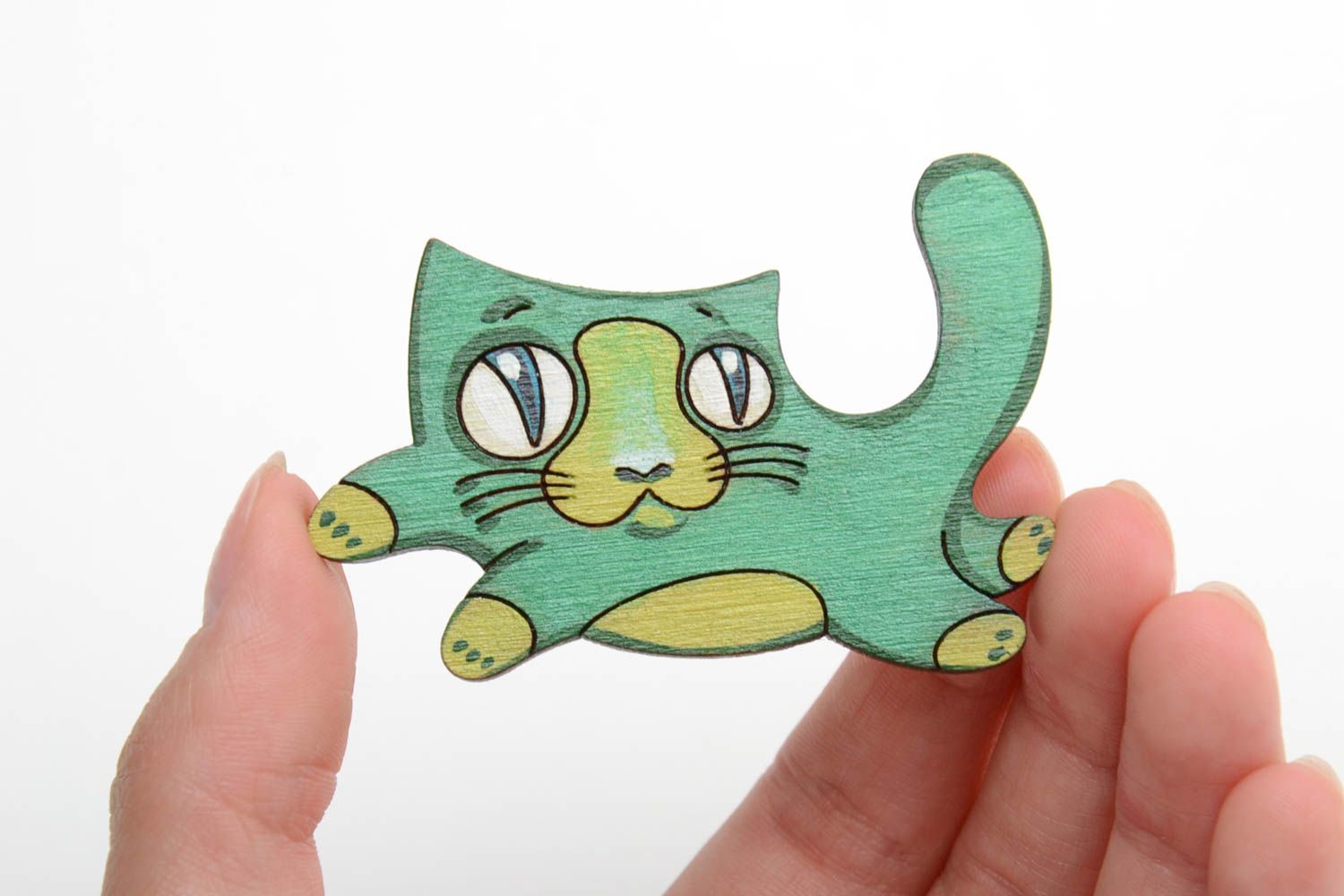 Handgemachte Holz Brosche Katze für Mädchen künstlerisch schön in Grün originell foto 2