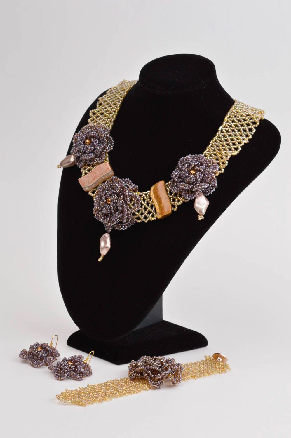 Handmade beaded necklace earrings bracelet designs artisan jewelry set photo 1