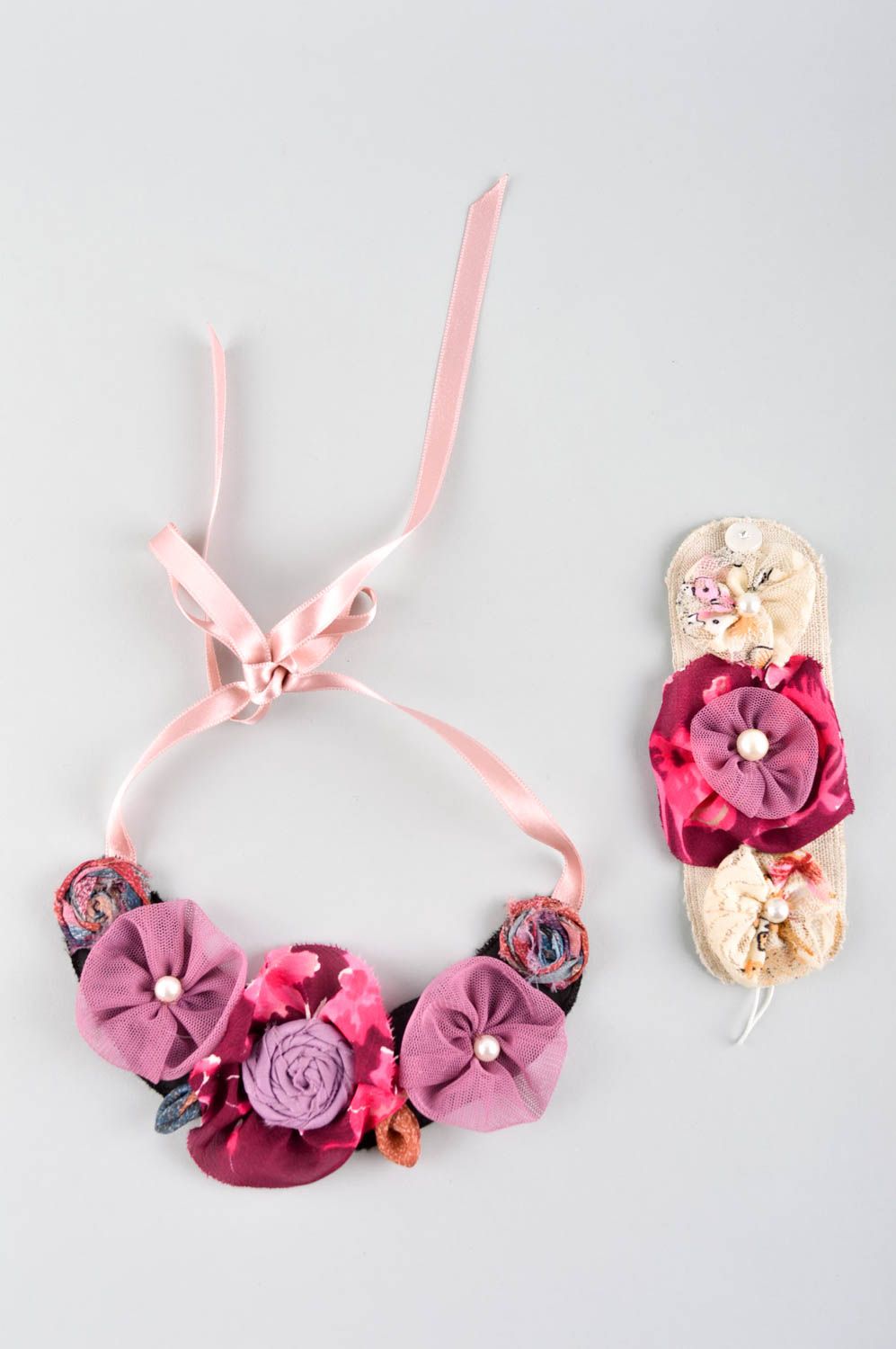 Collar de tela y pulsera con flor hechos a mano bisutería de moda para mujer  foto 2