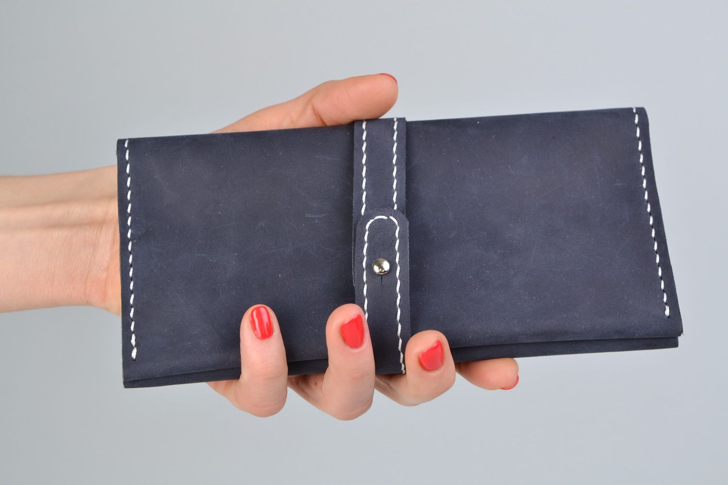 Portefeuille en cuir moyen bleu zippé fait main unisexe cadeau original photo 2