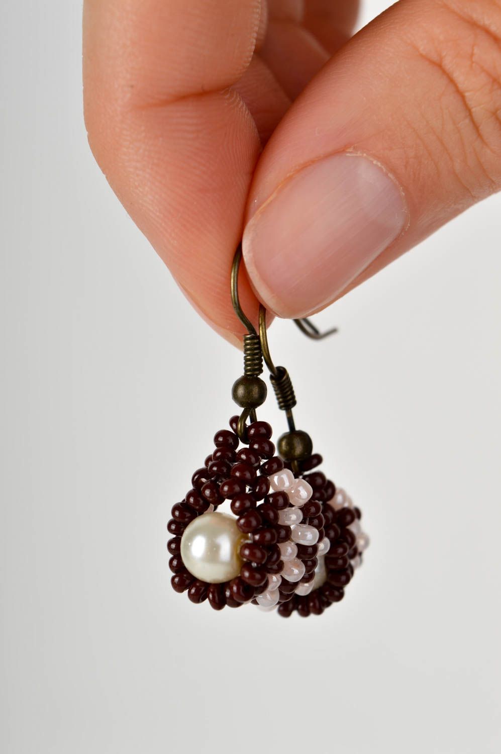 Handmade brown beaded earrings unusual dangling earrings stylish jewelry photo 5