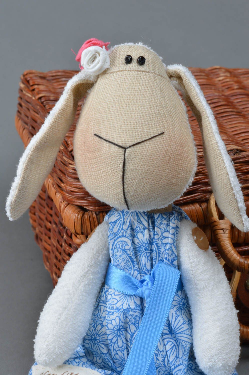 Cute handmade designer cotton and linen fabric soft toy Lamb in blue for kids photo 4
