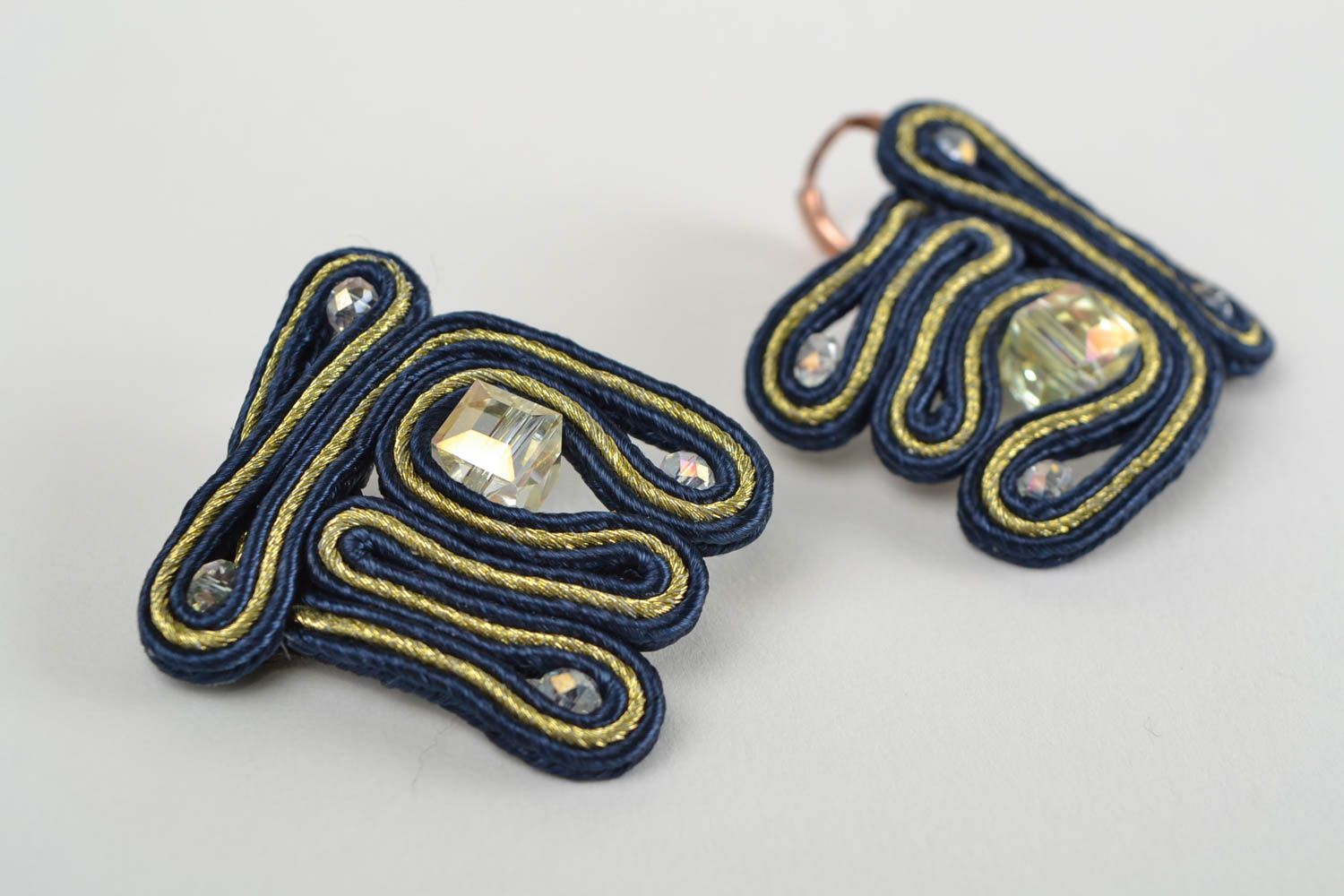 Unusual beautiful blue handmade soutache earrings with crystal beads photo 3