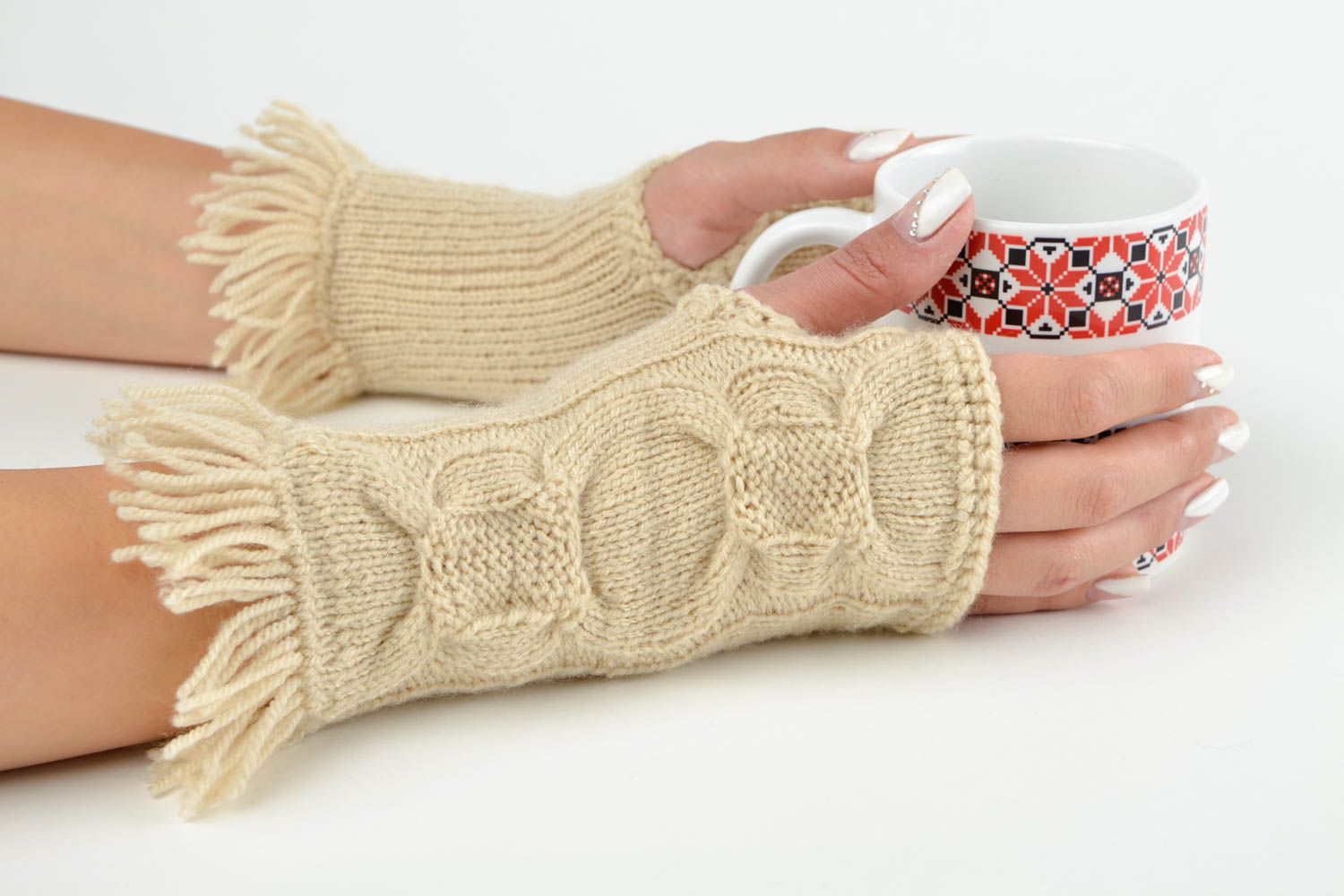 Mitaines tricot fait main Gants mitaines laine acrylique beige Accessoire femme photo 1