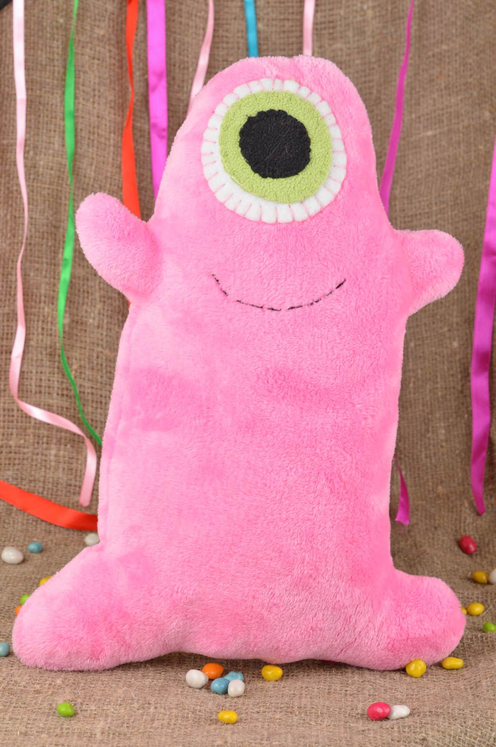 Handmade pink small beautiful designer textile toy in shape of monster  photo 1