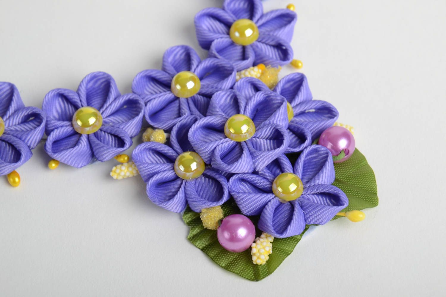 Handmade designer necklace with violet rep ribbon kanzashi flowers and beads photo 3
