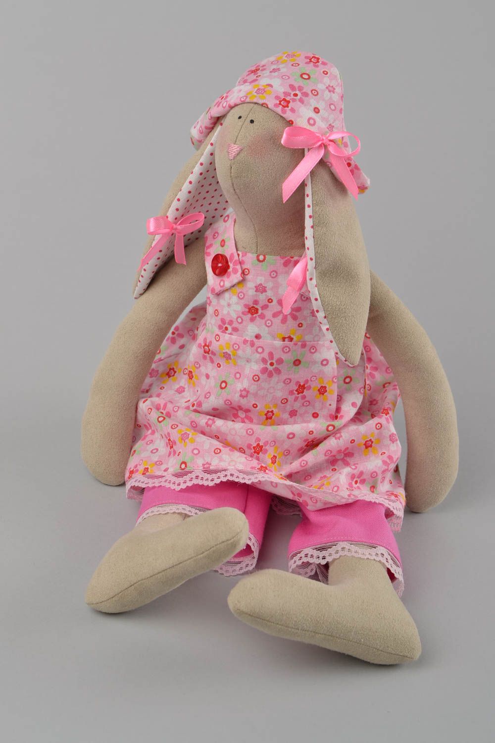 Handmade designer fabric soft toy rabbit in pink dress and hat for interior  photo 3