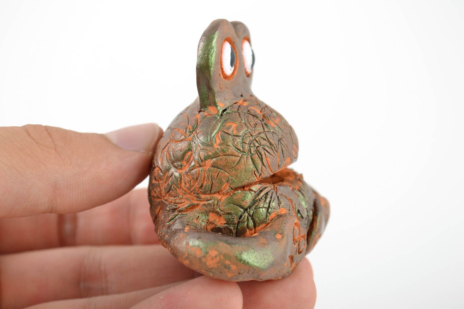 Handmade funny miniature collectible ceramic figurine of frog molded of red clay photo 2