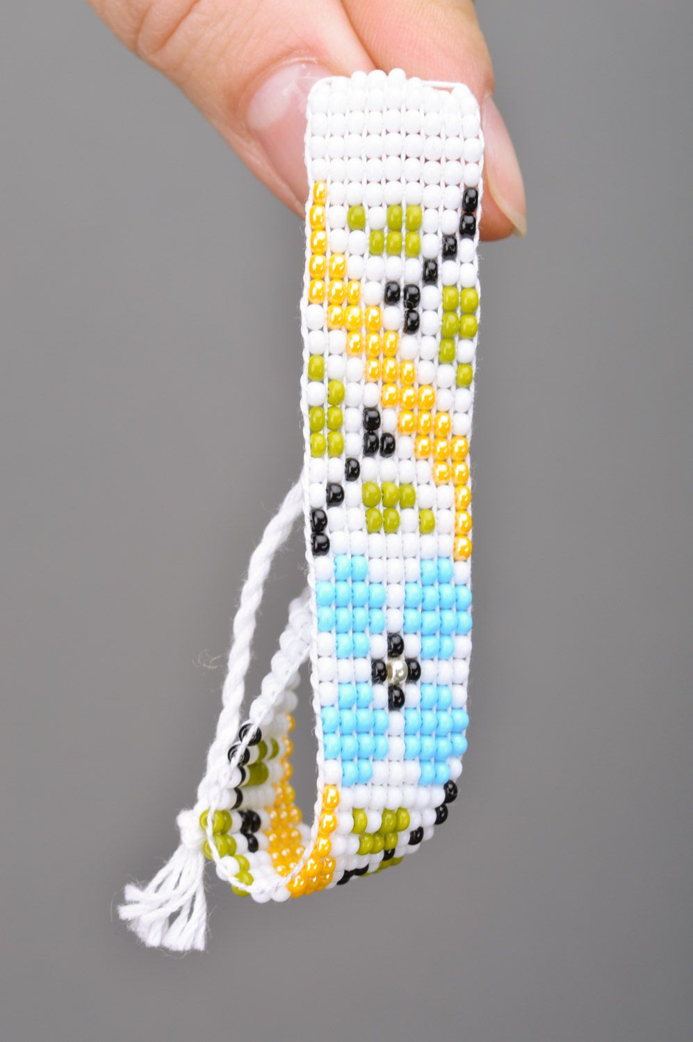 Handmade women's woven bead bracelet with ties White with Flowers photo 3