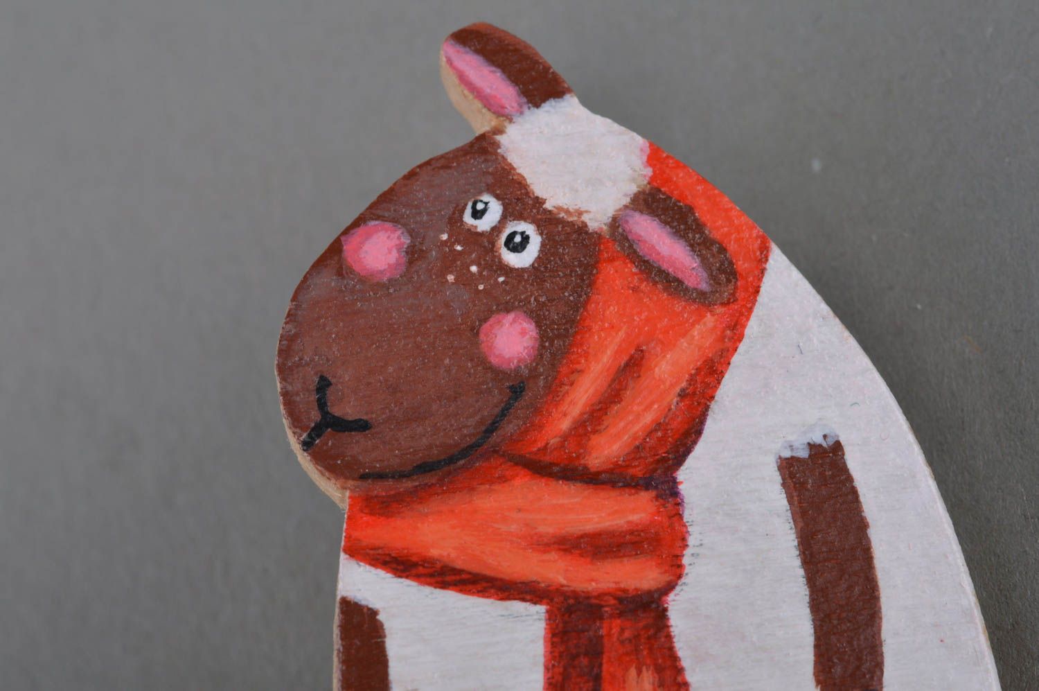 Bright handmade painted wooden brooch in the shape of funny sheep photo 2