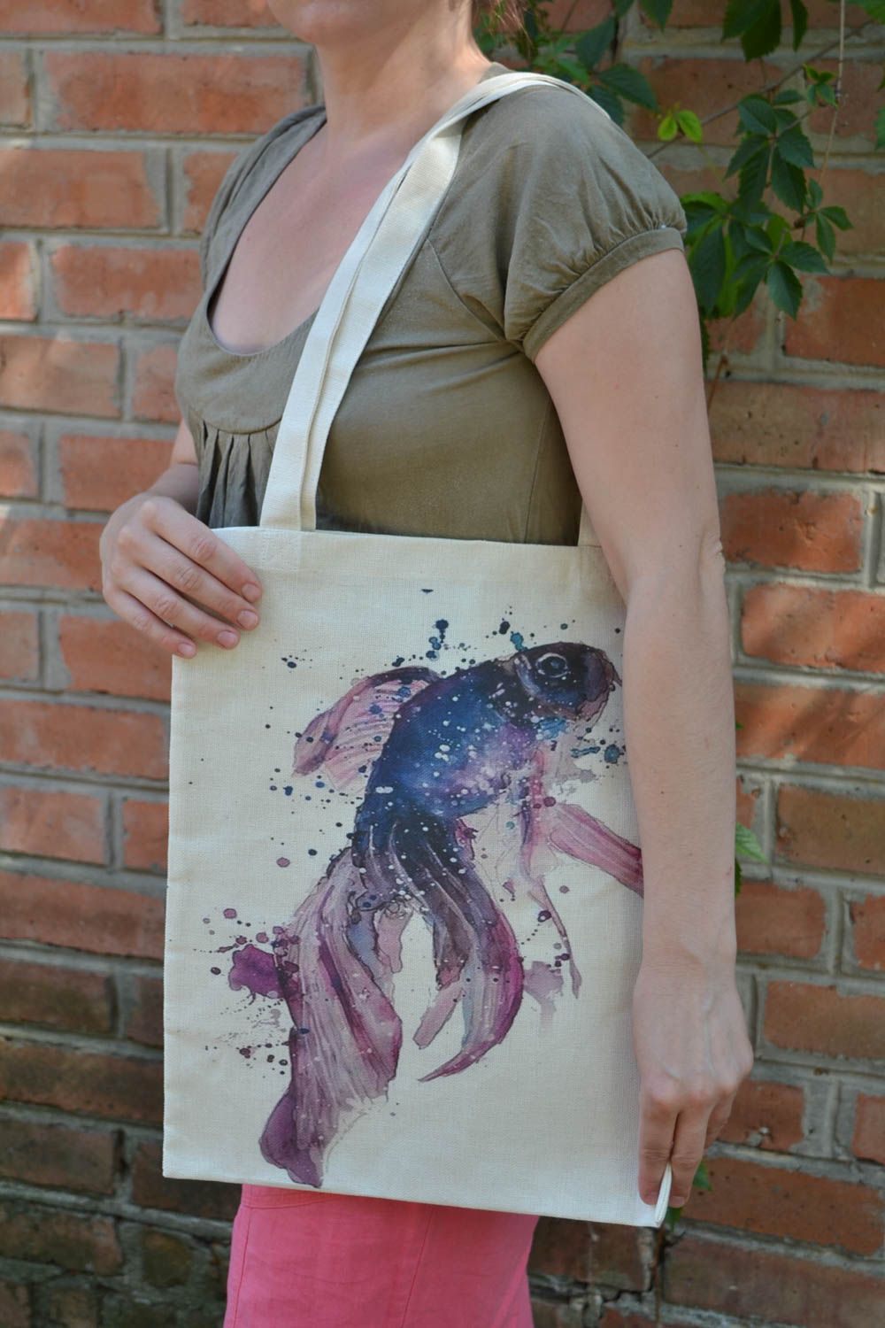 Beautiful female handmade designer textile bag with fish print  photo 1
