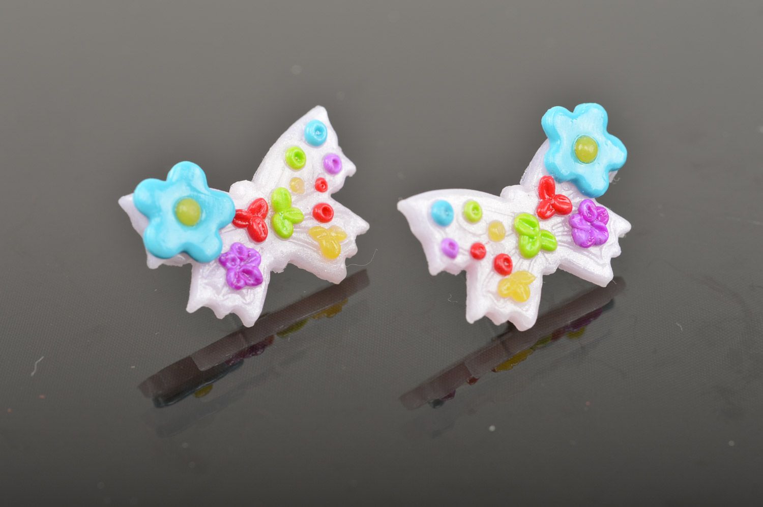 Bright multi-colored handmade polymer clay stud earrings with butterflies photo 3