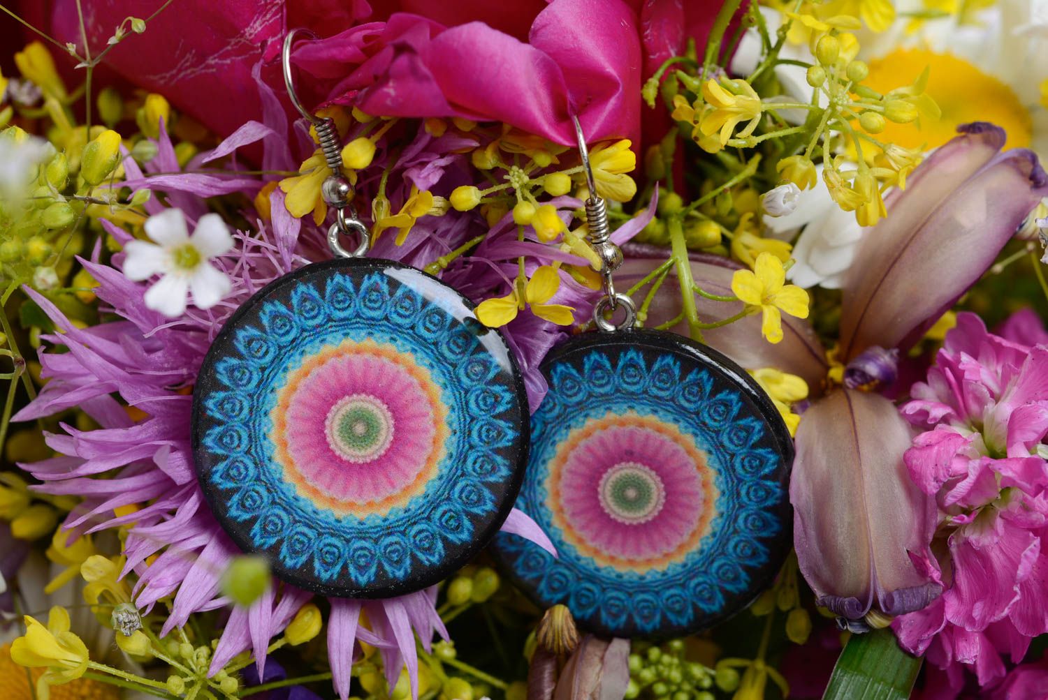 Round earrings with blue and pink pattern stylish handmade accessory for summer photo 1