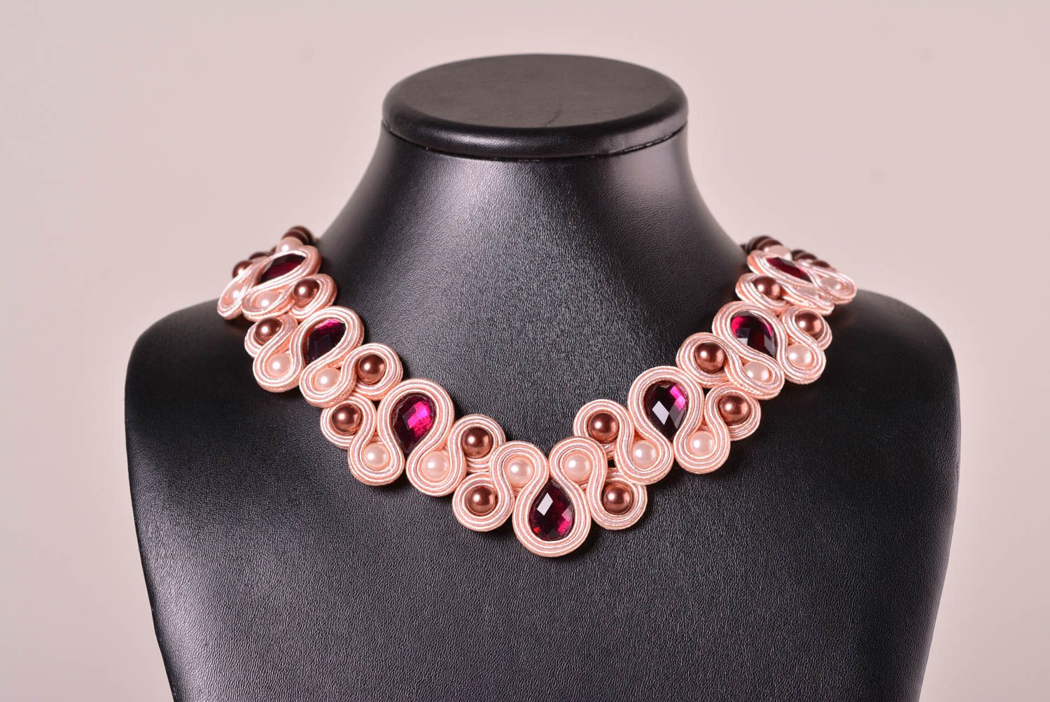 Handmade soutache necklace embroidered necklace with rhinestones beaded jewelry  photo 1