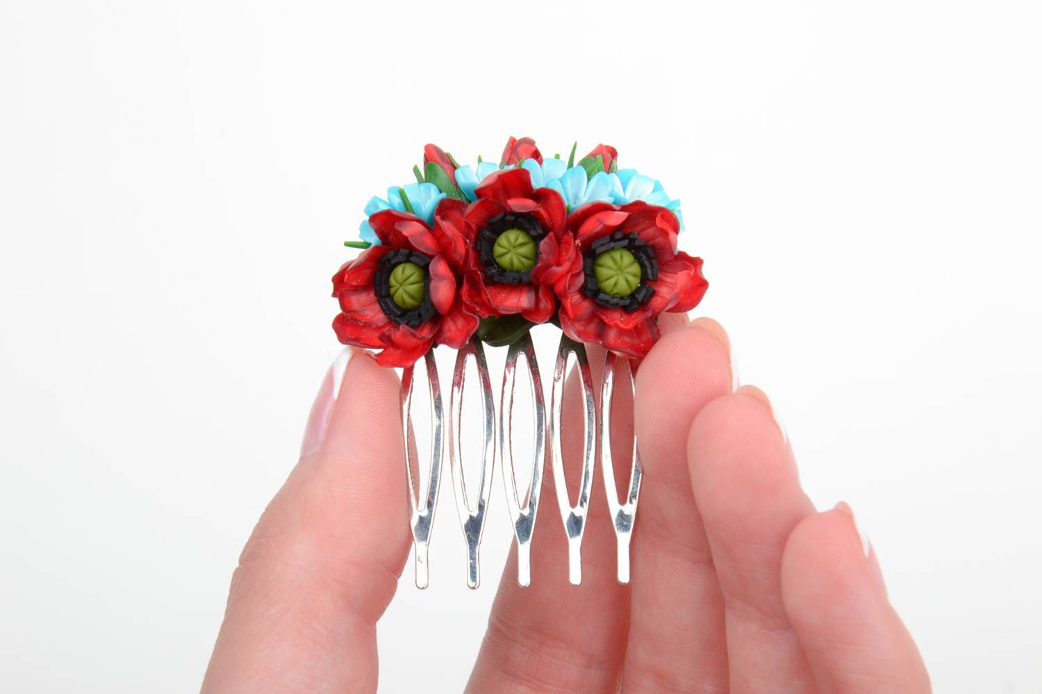 Handmade decorative hair comb with volume polymer clay red and blue flowers  photo 5