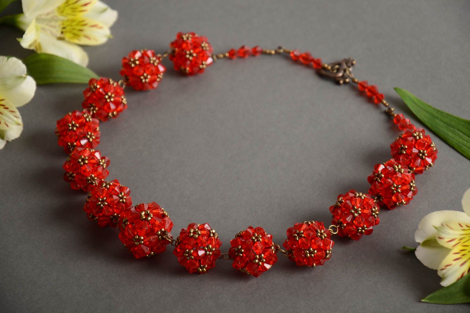 Handmade designer crocheted beaded necklace in bright red color palette photo 1