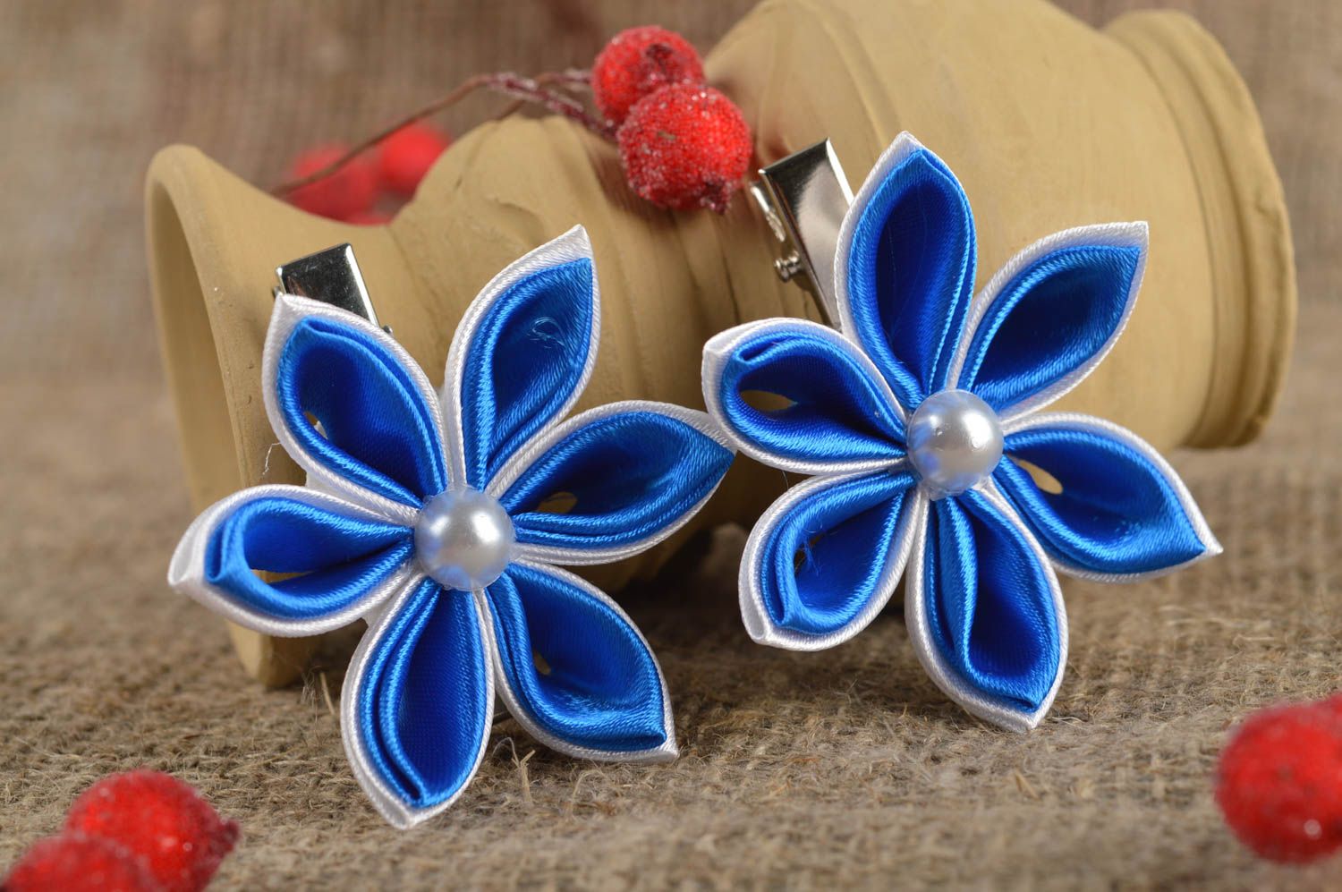 Beautiful handmade flower barrettes 2 pieces hair clip accessories for girls photo 1