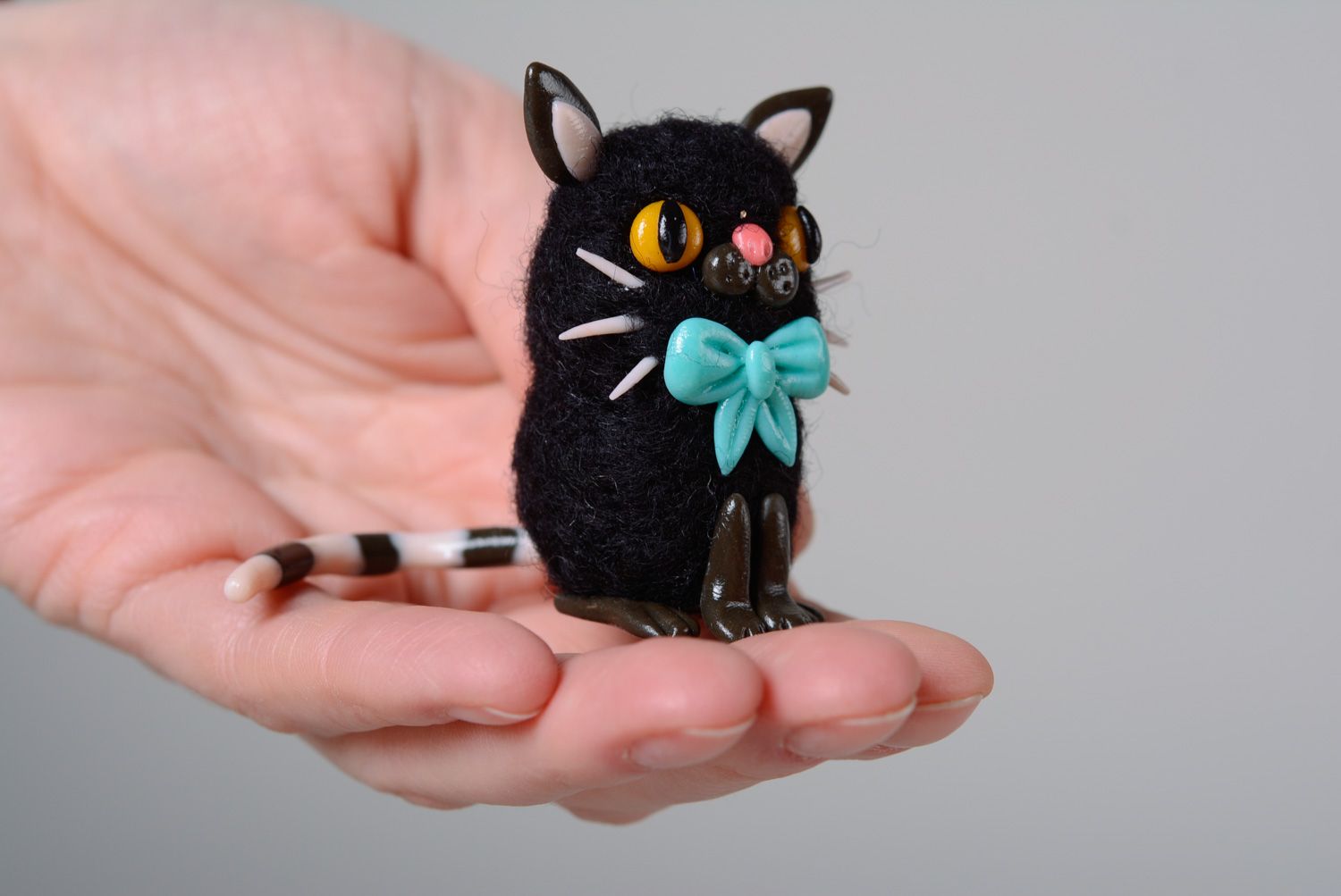 Homemade miniature felted wool toy Cat photo 5