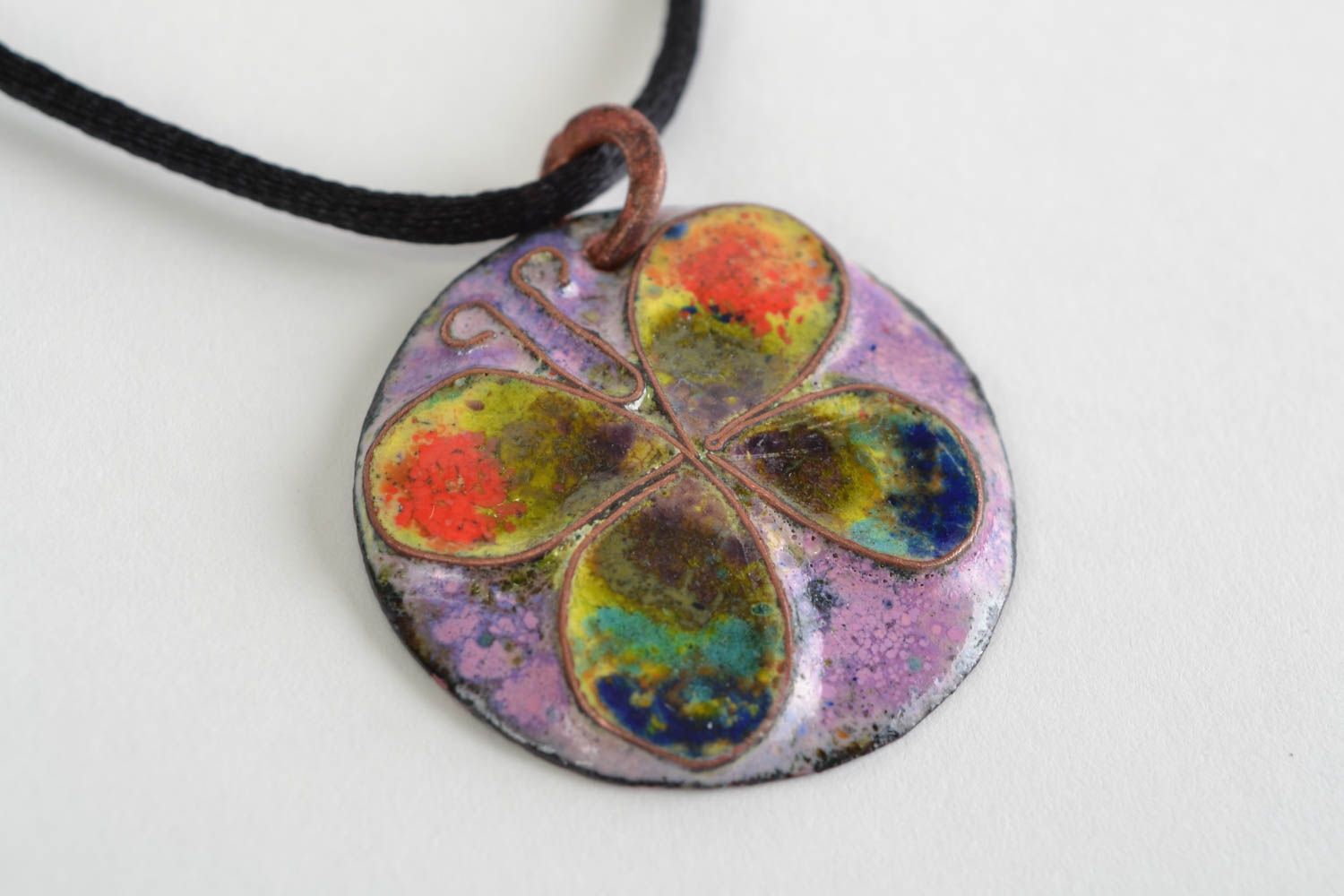 Handmade round copper pendant painted with enamels with colorful butterfly  photo 3