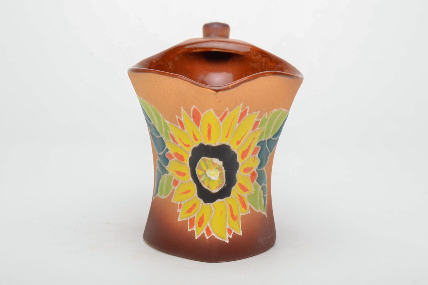 Ceramic cup for tea glazed inside. Sunflower bright pattern. Wide handle. photo 3