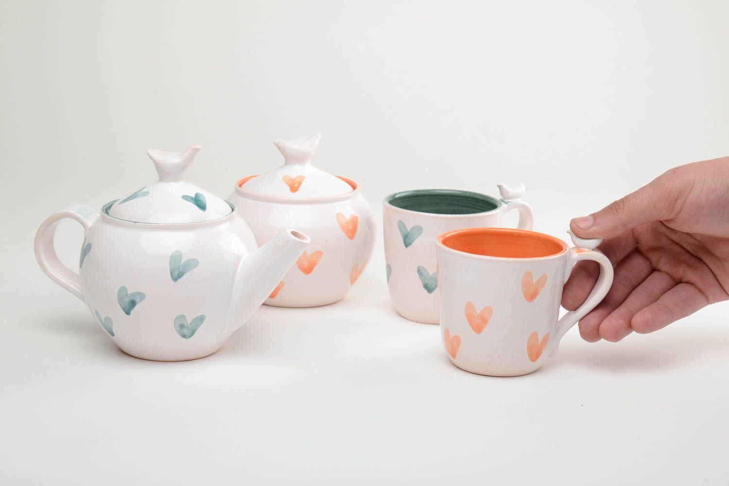 Glazed ceramic tea set handmade teapot 15 oz, 15 oz sugar bowl and two 10 oz cups 500 ml and 2 cups photo 5