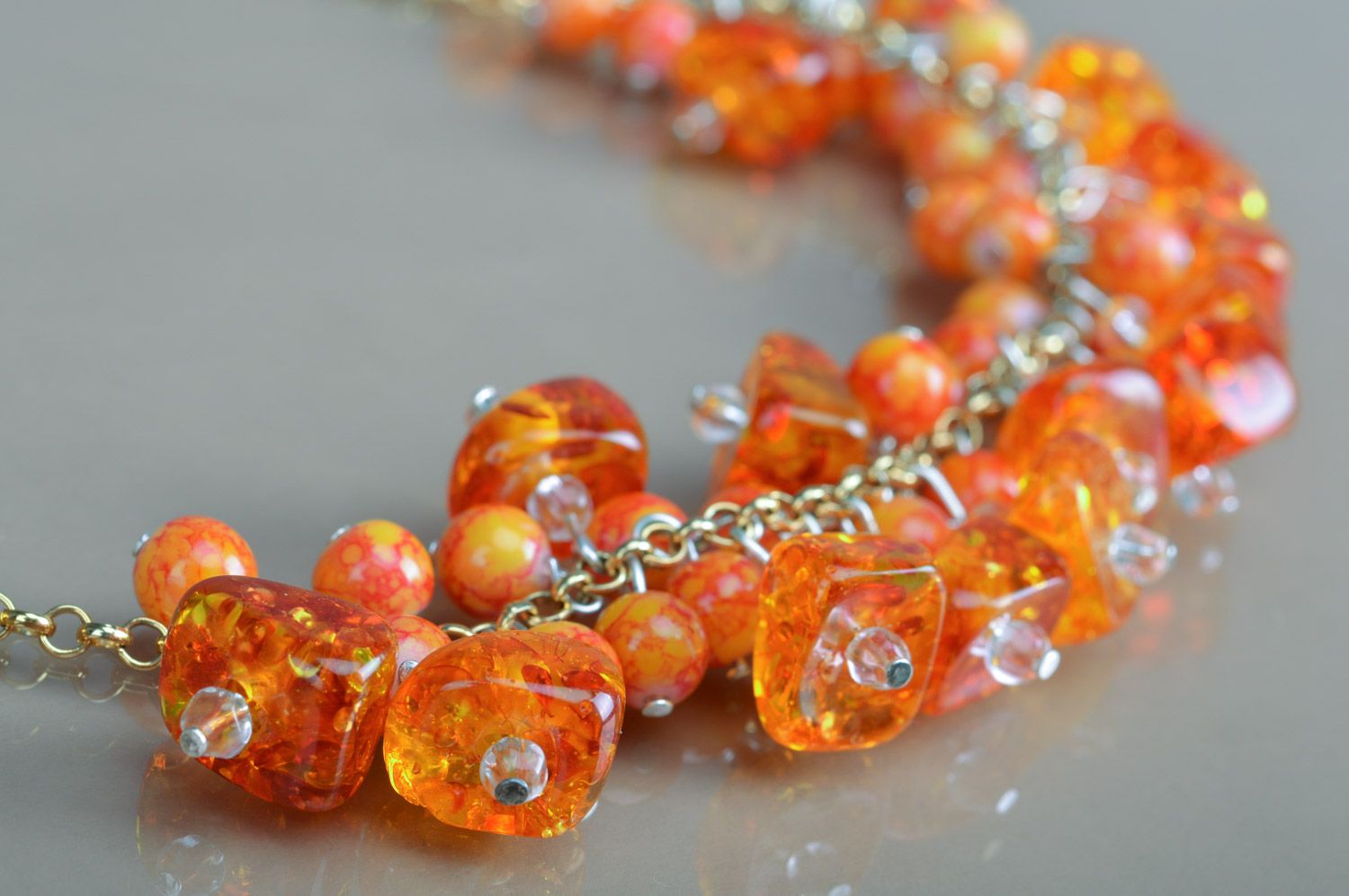 Handmade orange ceramic and citrine bead necklace with long chain photo 4