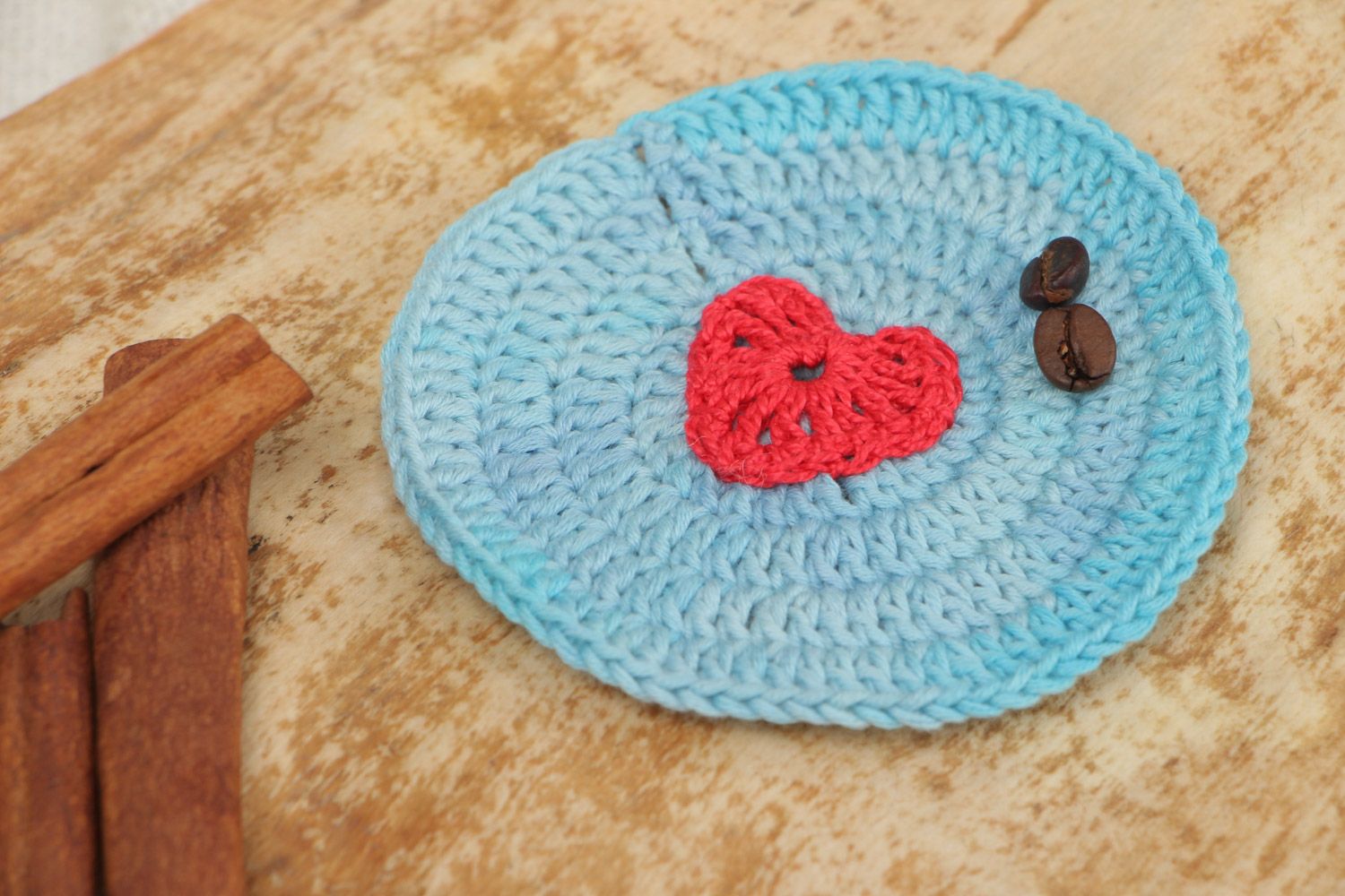 Handmade blue crochet coaster for cup with heart photo 1