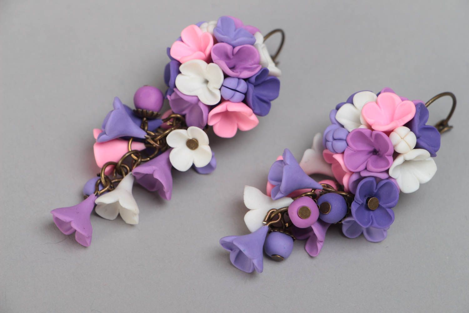 Handmade designer dangle earrings with pink and violet polymer clay flowers photo 2