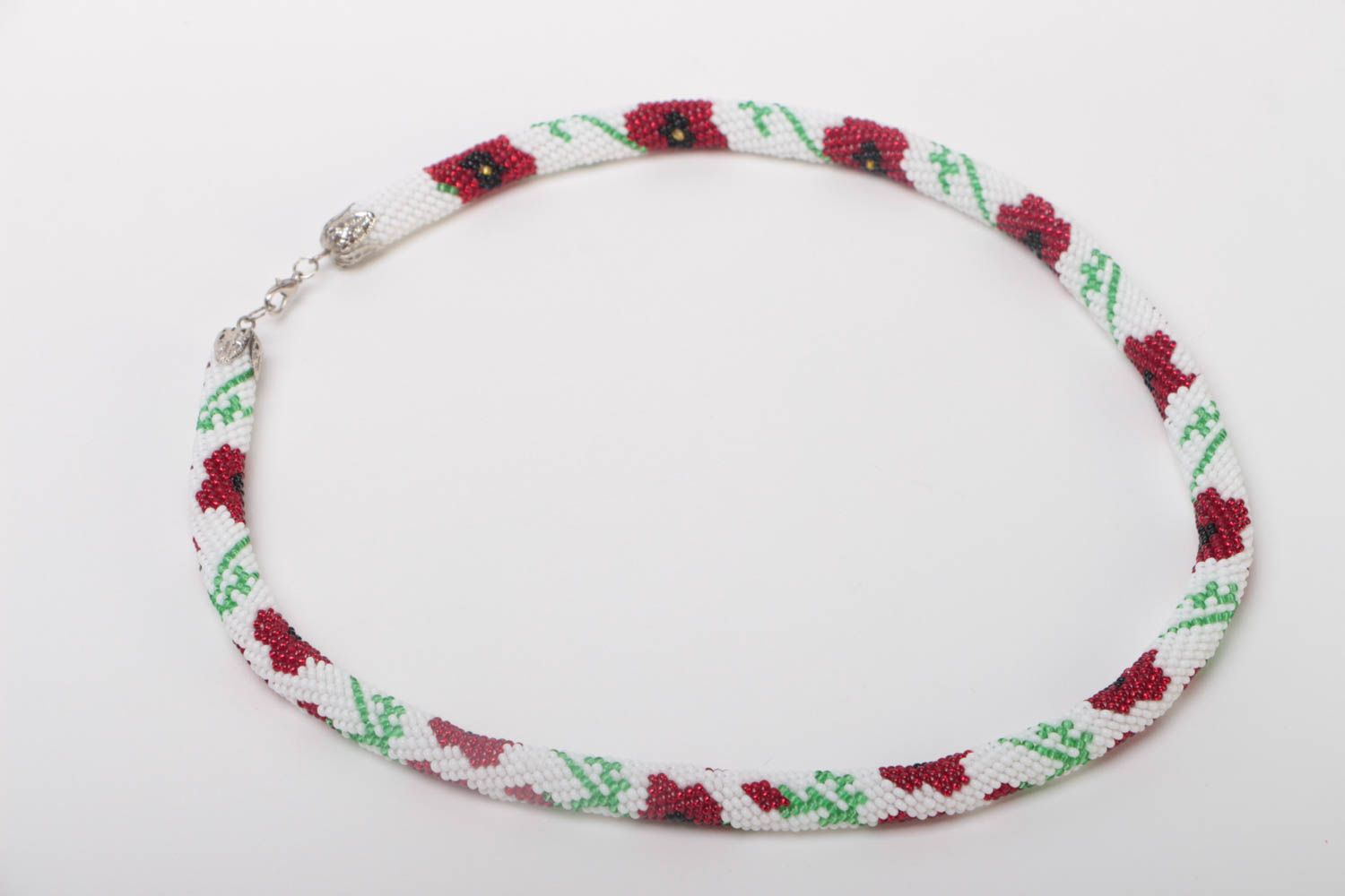 Handmade beaded cord necklace accessories with red flowers white jewelry photo 2