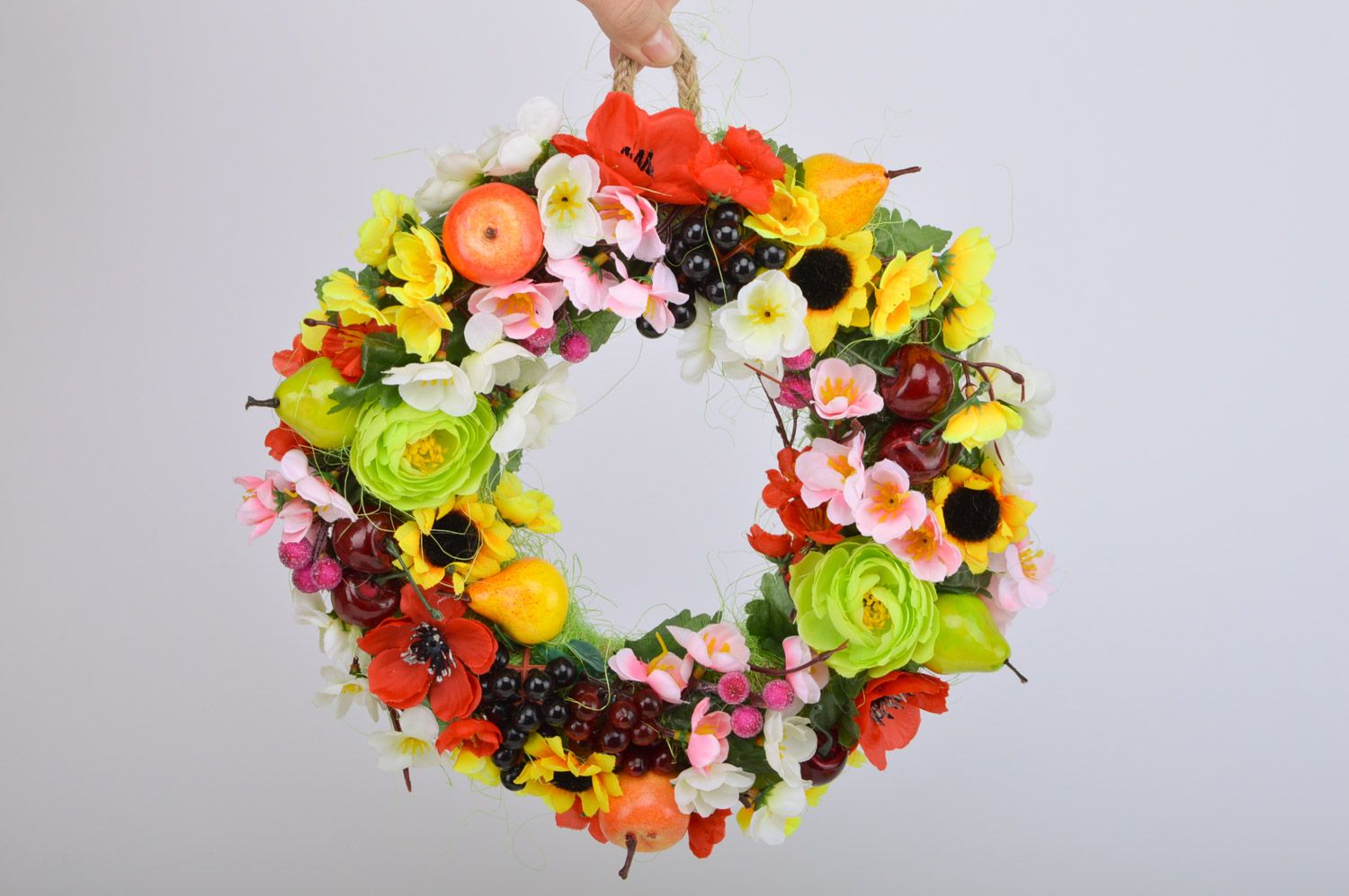 Handmade large bright door wreath with artificial flowers and fruits for home decor photo 3