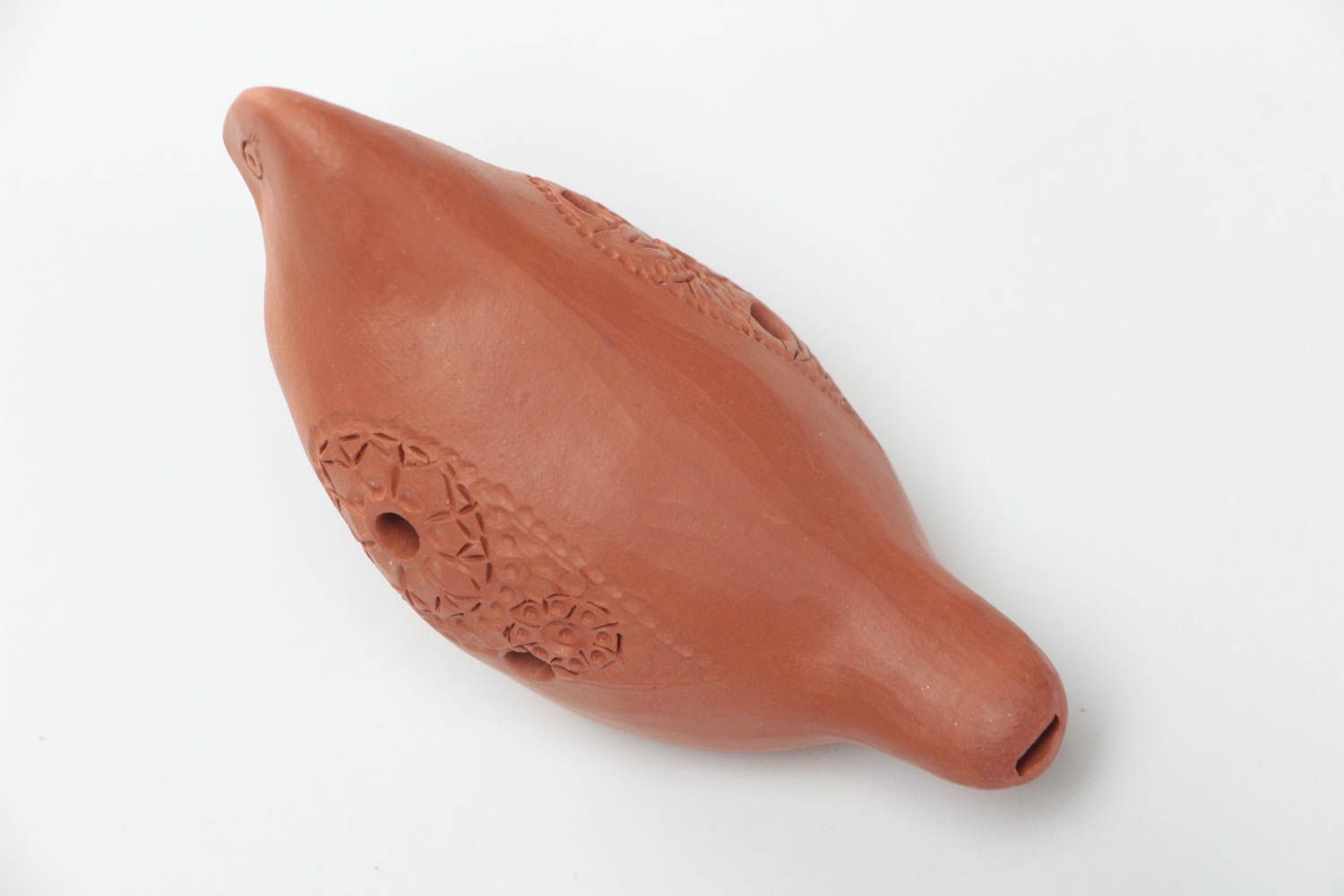 Small homemade brown clay penny whistle ocarina in the shape of bird photo 3